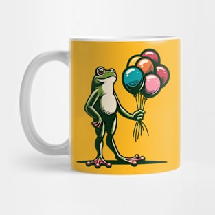 A frog holding a bunch of colorful balloons Mug